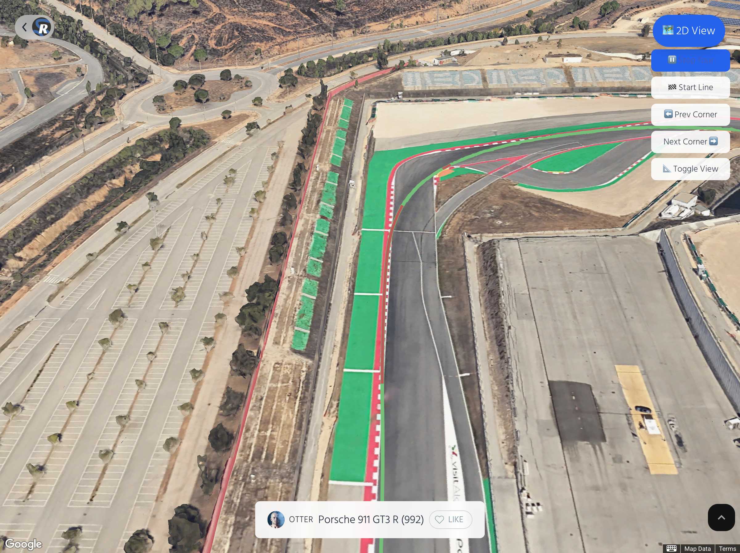 3D Track Tour feature showing smooth camera movement following the racing line around Park Algar circuit